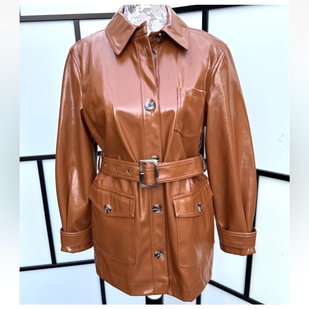 Topshop Women Casey Brown Belted Glossy High Impact Button Front Vegan Jacket - Picture 2 of 15